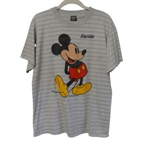 Vintage 90s Mickey Mouse Florida T-Shirt Gray Striped Single Stitch Disney Tee M